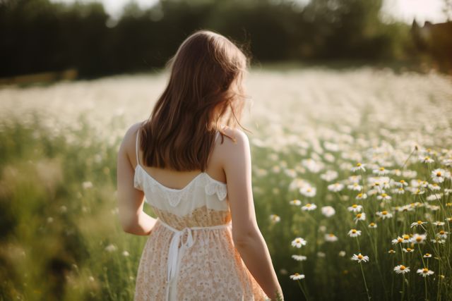 A young woman with shoulder-length hair walking through a beautiful field of daisies on a sunny day. She is wearing a light, airy dress, perfect for the warm weather. This image conveys a sense of peace, freedom, and connection with nature. Ideal for use in lifestyle blogs, fashion magazines, promotions for outdoor activities, and advertisements targeting a natural and relaxed lifestyle.