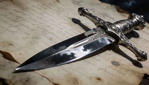 Ornate silver dagger resting on aged parchment reflecting cloudy sky and singe marks