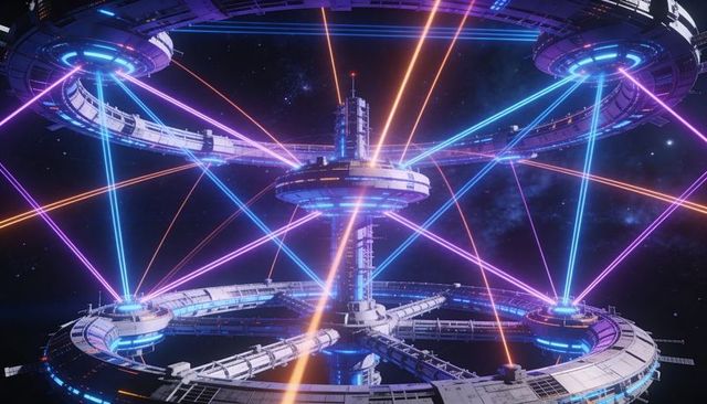 Rotating multi-ring orbital station with neon energy beams and central hub in space
