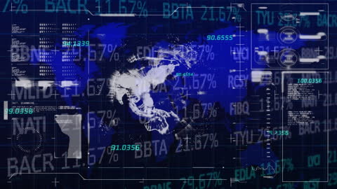 Futuristic Digital Finance Dashboard with World Map and Data Overlay