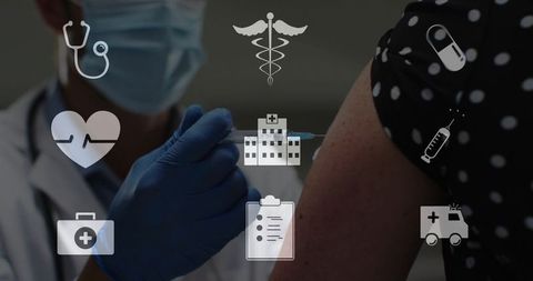Doctor administering vaccine into patient arm during clinic immunization and care