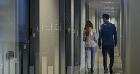 Financial Data Overlay in Business Office Hallway