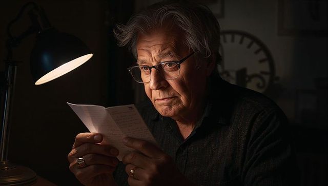Senior man reading personal letter under desk lamp, contemplative portrait at night