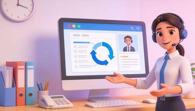 Presenting customer support agent with headset and monitor showing workflow cycle