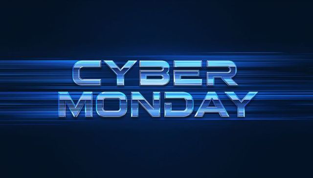 Cyber Monday banner featuring metallic blue 3D neon text, motion streaks, futuristic chrome