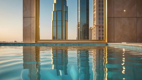 Luxurious Rooftop Pool Reflecting Skyscrapers and Gold Frame