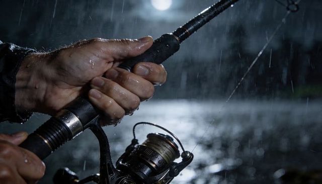 Holding spinning rod and reel in heavy rain at night under moonlit reflections