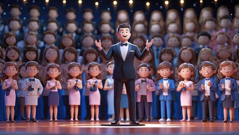 Animated conductor leading choir to standing ovation in dramatic music performance