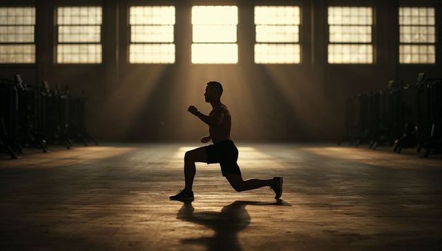 Backlit silhouette performing powerful lunge in industrial gym with cinematic light