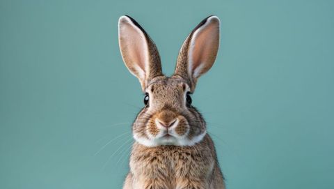 Curious cottontail rabbit against teal background with alert ears