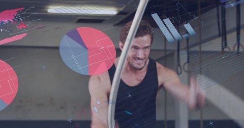 Man Exercising with Data Overlay in Modern Gym Setting