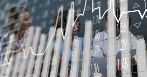 Analyzing financial data with diverse team, charts and analytics overlays for strategy