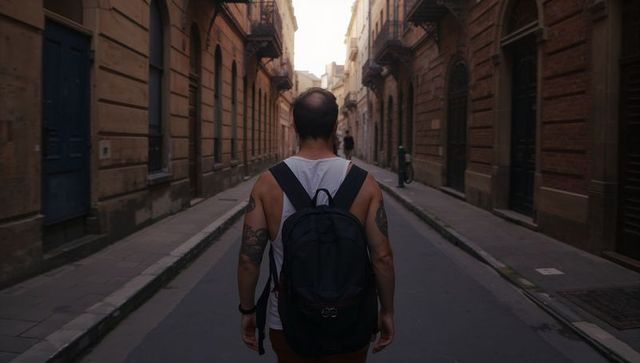 Balding traveler walking narrow historic street with backpack and tattooed arms