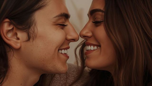 Intimate Closeup of Smiling Couple Touching Noses, Warm Embrace and Soft Natural Light