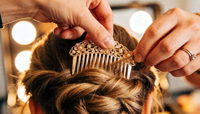 Placing ornate gold hair comb into braided bun by stylist hands with vanity lights