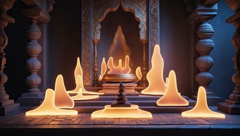Mystical amber formations in ornate temple setting