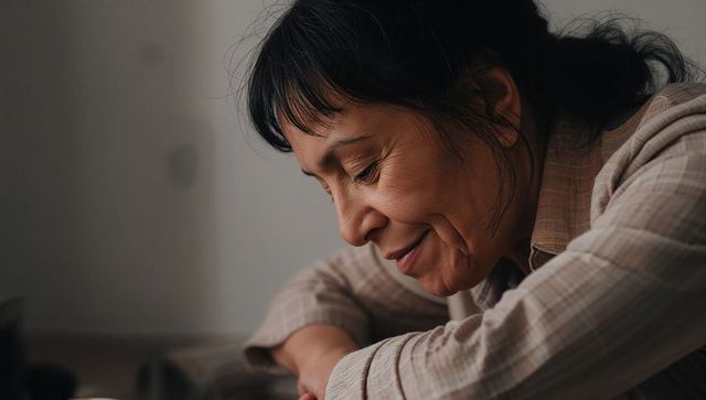 Resting senior asian woman leaning on table with warm smile and soft light