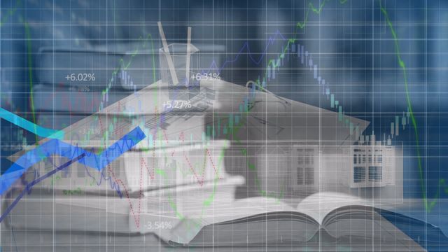 Combining digital graphs with house blueprints creates a dynamic representation of financial forecasting in property investment. Useful for articles on real estate trends, economic forecasts, or features related to home construction financing.