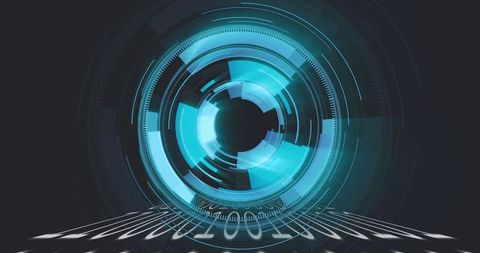 Futuristic circular digital interface with binary code stream