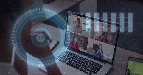 Remote team video conference showing four women collaborating from home with futuristic hud