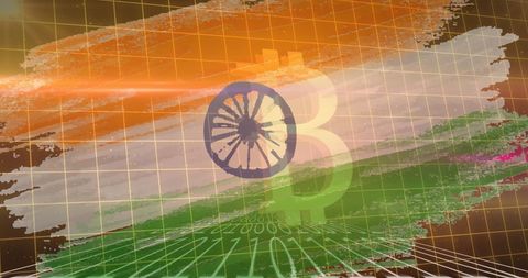 Bitcoin Symbol Overlaying Indian Flag with Digital Binary Code