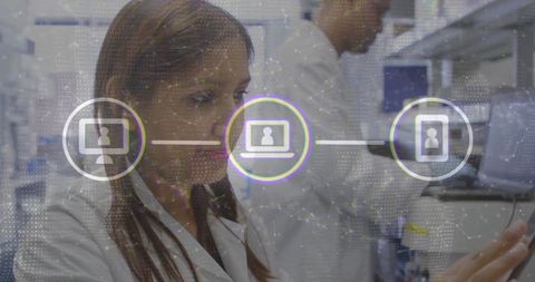 Female Researcher Engaged with Virtual Interface in Tech Lab