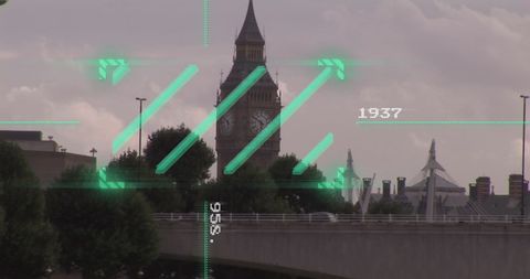 image features a digital scanning overlay superimposed on big ben against a cloudy london cityscape, representing innovation and global connectivity. ideal for illustrating advancements in digital technology, surveillance themes, or travel and technology intersections. useful for articles and presentations about modern technology in historical contexts.