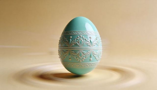 Ornate teal easter egg floating above soft beige surface embossed filigree bands