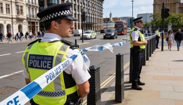 Uniformed police officers securing cordon tape on london street for crowd control