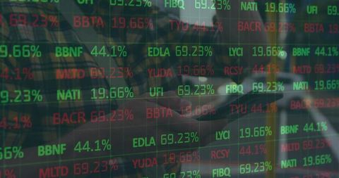 Mid-adult man reflecting on phone with led stock ticker overlay in corporate trading space