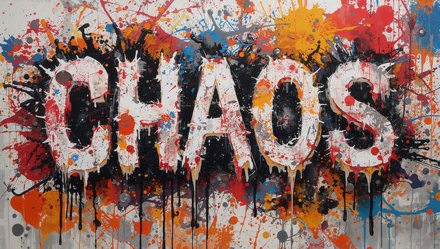 Chaos paint-splatter graffiti typography with dripping letters on high-contrast dark field
