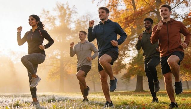 Group training doing high-knee drills at sunrise in autumn park for outdoor fitness team