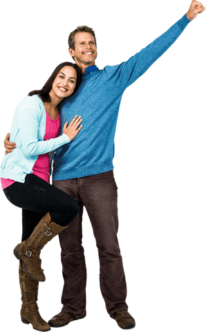 Cheerful couple demonstrating successful moment in transparent background