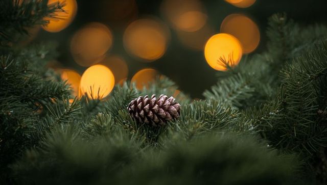 Resting pinecone on evergreen needles with warm bokeh lights at dusk