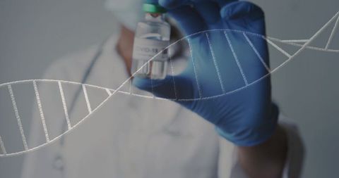 Medical researcher holding covid-19 vaccine vial with dna helix overlay for vaccine development
