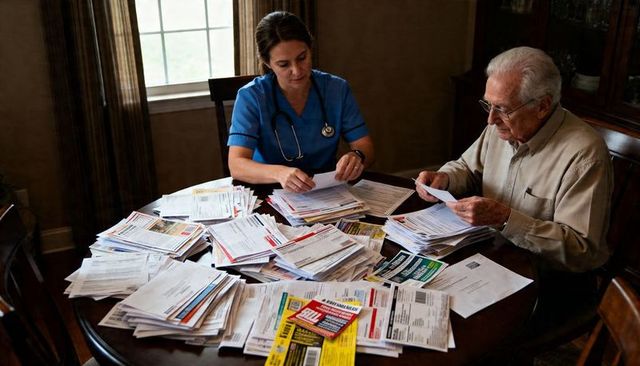 Nurse sorting medical bills with senior at home table, caregiver managing finances