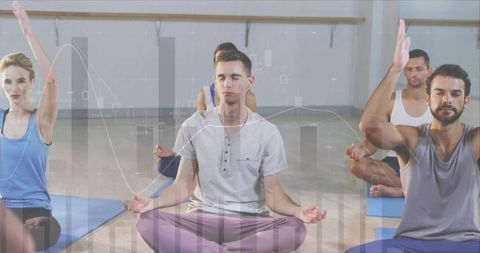Group Meditation in Fitness Studio with Stock Market Overlay