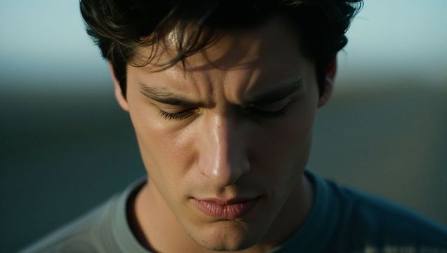 Contemplative young man gazing downward closeup portrait at dusk with soft bokeh lighting