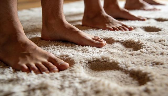 Bare feet pressing into soft shag carpet leaving deep footprints and texture details