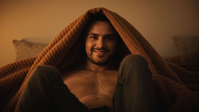 Smiling shirtless man lounging under brown blanket on sofa at night