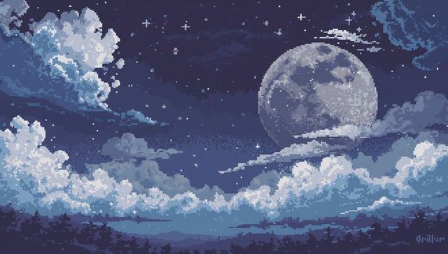 Pixel-art full moon rising over cloud-layered indigo night landscape