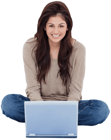smiling brunette with laptop sitting in relaxed style against transparent background - Download Free Stock Videos Pikwizard.com