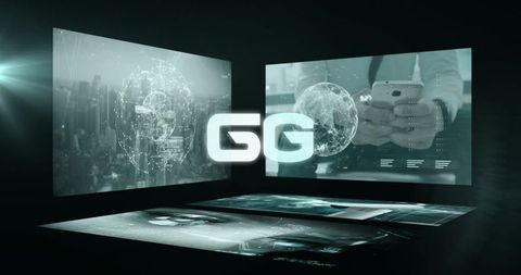 Futuristic gg logo pulsing with holographic globe, data streams and 3d city wireframe