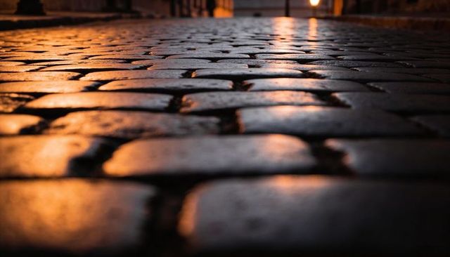 Wet cobblestone street reflecting warm streetlight glow at night low-angle close-up