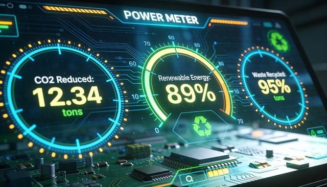 Holographic renewable power meter hud displaying 89% gauge over pcb energy dashboard