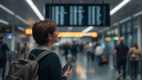 Solo traveler checking departure board while holding passport in modern airport terminal