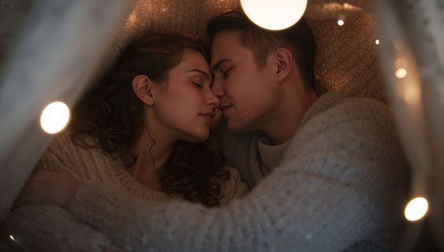 Couple cuddling nose to nose inside blanket fort with fairy lights creating warm intimacy