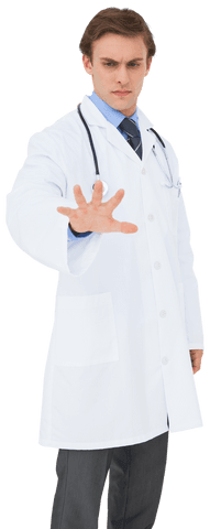 Caucasian doctor with open hand gesture on transparent background