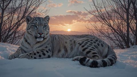 Majestic Snow Leopard Resting at Dusk in Winter Wilderness