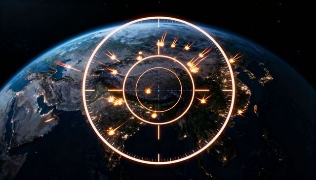Glowing target reticle over asia with multiple impact trajectories and night explosions